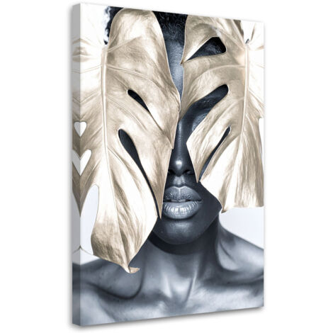 Wandbild Porträt einer Frau und goldenen Monstera-Blättern 60x90 cm