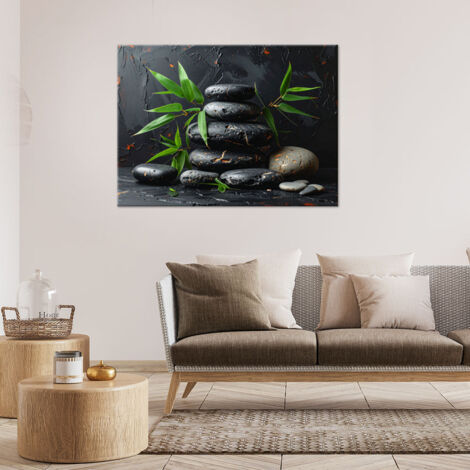 Wandbild Schwarze Zen-Spa-Steine Blätter auf schwarzem Hintergrund 60x40