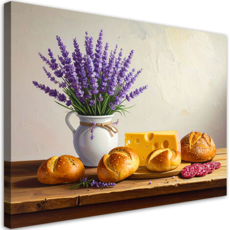 Wandbild Stillleben mit Lavendel und Brötchen 60x40 cm