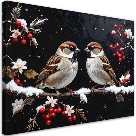 Wandbild Vögel auf einem Zweig im Winter und Ebereschenfrüchte 60x40 cm