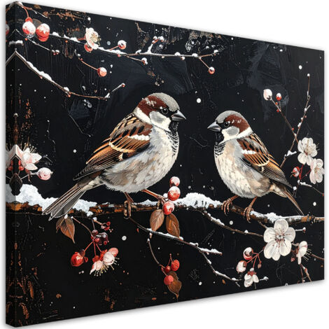Wandbild Vögel sitzen nachts auf einem Zweig im Winter 60x40 cm