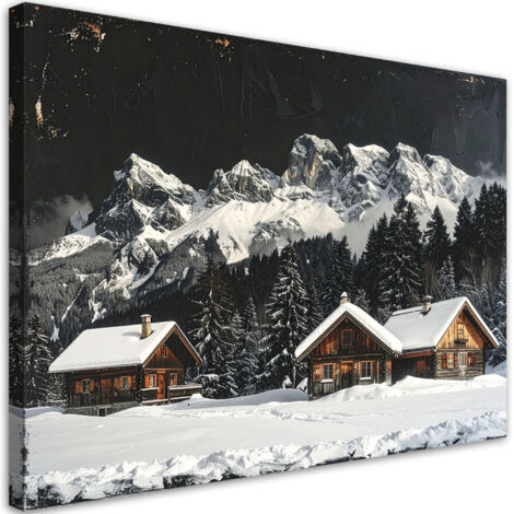Wandbild Winterlandschaft Berghütten Wald Berge 60x40 cm