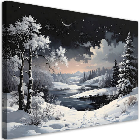 Wandbild Winterlandschaft Schnee Nacht Bäume Fluss 60x40 cm