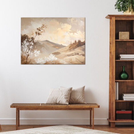 Wandbild Zarte rustikale Landschaft mit Hügeln und Blumen 100x70