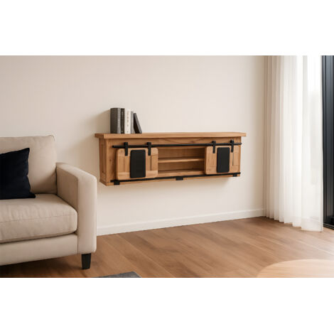Wandboard Kommode mit Schiebetüren & 2 Schubfächern Akazie massiv natur 130 x 25 x 35 cm LIBRO