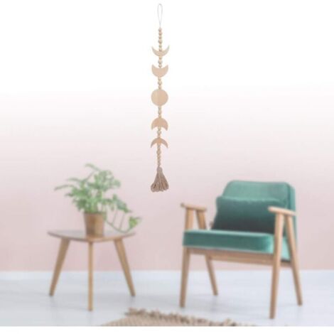 Wanddekoration aus Holz mit Mondphasen, Boho-Stil, Mondgirlande aus Holz, Perlen und Quasten, ideal für Schlafzimmer, Hochzeit oder Wohnung