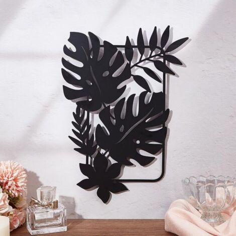 Wanddekoration aus Metall in Palmenblattform, schwarze Hängedekoration mit tropischen Blättern für Schlafzimmer, Wohnzimmer, Badezimmer, Küche und Büro, 30 x 21,9 cm