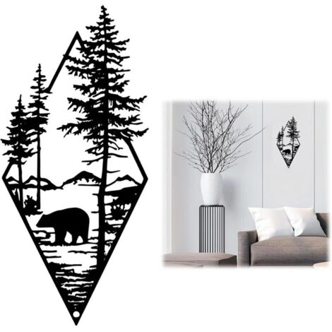 Wanddekoration, Metall-Wanddeko, Moderne Wohnzimmerdekoration, Art-déco-Schlafzimmer-Wanddekoration, Wanddekoration für drinnen, draußen und Garten, Wald und Bär, Schwarz, 1 Stück