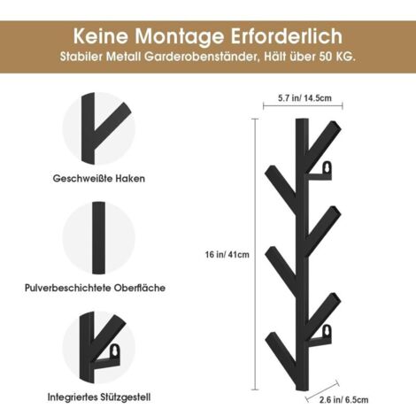 Wandgarderobe aus Metall – 41 cm hohe, vertikale Wandgarderobe mit 6 Haken zum Aufhängen von Jacken, Mänteln, Hüten, Schals und Handtaschen – Schwarz