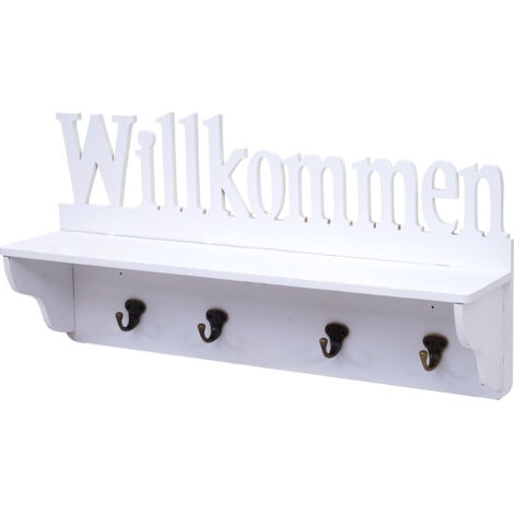 Wandgarderobe HHG-628 Willkommen, Garderobe Regal, 4 Haken massiv 30x60x13cm weiß
