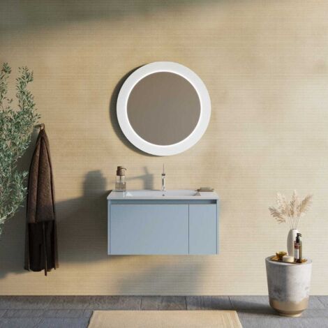 Wandhängendes Badmöbel 80Cm Matt Hellblau Mit Rundem Spiegel  Monaco