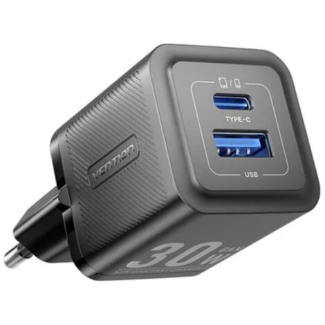 Wandladegerät mit 2 Anschlüssen 30W USB-A, USB-C GaN Ladegerät EU-Stecker Schwarz