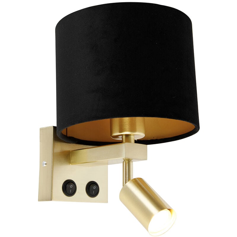 Qazqa - Wall lamp brass with reading lamp and shade 18 cm black - Brescia - Gold/Messing