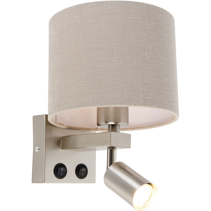 Qazqa - Wall lamp steel with reading lamp and shade 18 cm light brown - Brescia - Steel