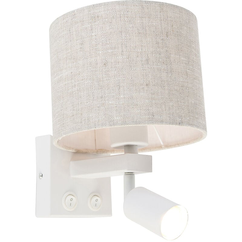 Qazqa - Wall lamp white with reading lamp and shade 18 cm light gray - Brescia - Grey