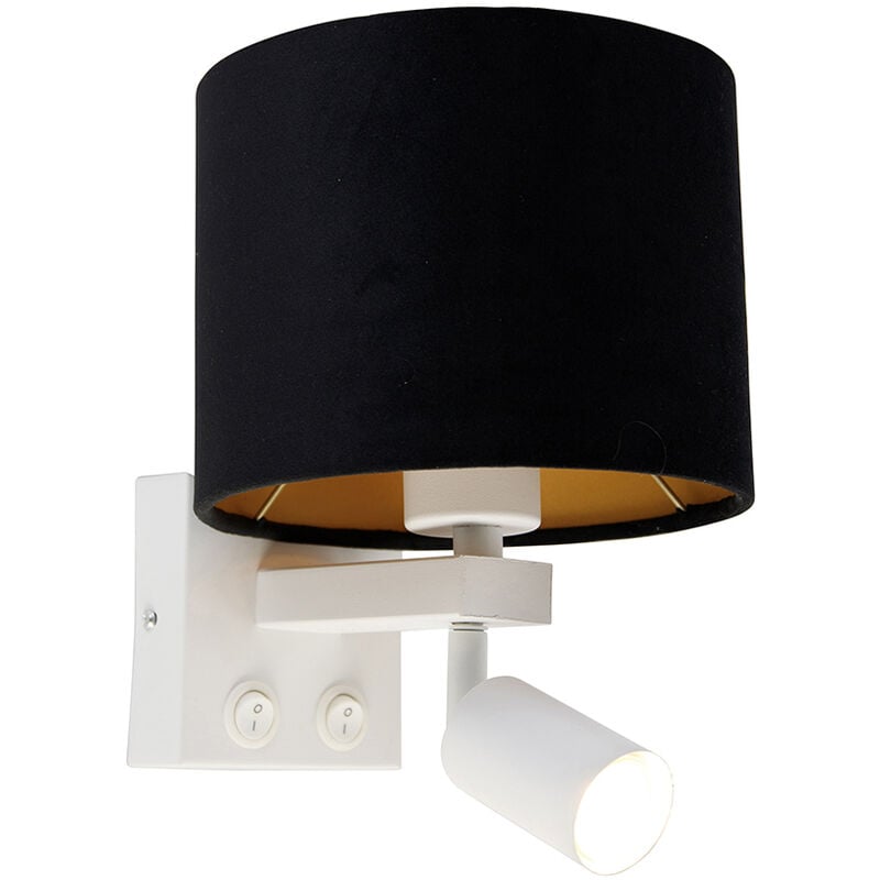 Qazqa - Wall lamp white with reading lamp and shade 18 cm black - Brescia - Gold