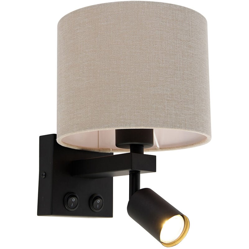 Qazqa - Wall lamp black with reading lamp and shade 18 cm light brown - Brescia - Brown