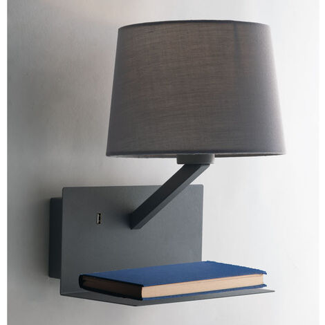Wandlampe CIAK Grau mit Stoff Lampenschirm, USB Lampe mit Ladefunktion & Ablage