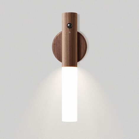 Wandlampe Indoor Holz LED Nachtlichter Batteriebetriebene tragbare Wandlampe Kabellos wiederaufladbares Induktions-Nachtlicht mit Magnet für Treppen Korridor Haushalt (Braun)
