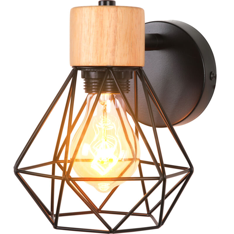 Wandlampe Retro aus Holz Eisen Käfig Wandleuchte Drehbare E27 16CM für Flur Wohnzimmer Schlafzimmer Küche Cafét (Schwarz)