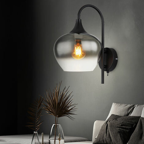 Wandlampe schwarz Wandleuchte Wohnzimmerlampe Rauchglas Flurleuchte, Kippschalter, 1x E27, BxH 18 x32 cm