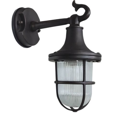 Wandleuchte außen Echt-Messing Glas E27 IP64 H: 25 cm Schwarz Antik Maritim Außenlampe Wand