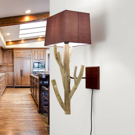 Wandleuchte E27 Rot Natur Stoff Holz Modern Wandlampe
