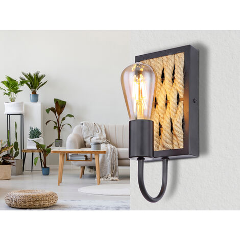 Wandleuchte HALIA I Seillampe mit Korbgeflecht Metall Schwarz, Höhe 28cm