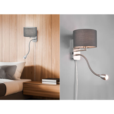 Wandleuchte HOTEL mit LED Leselampe & Stecker, Stoffschirm Grau, Höhe 23,5cm