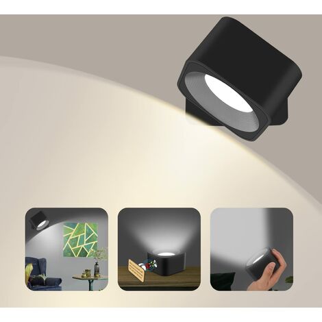 Wandleuchte Innen, LED Wandlampe Lnnen Dimmbar mit Schalter 3 Helligkeitsstufen Touch Control, Led Lampe mit USB Aufladen 360°Drehwinkel mit Speicherfunktion für Wohnzimmer(Schwarz-1 stück) [Energiekl