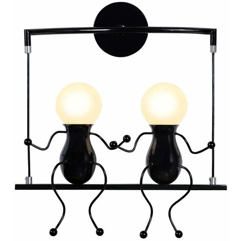 Wandleuchte Kreatives, Moderne Einfache Humanoid Wand Lampe im Schwingen Form Eisen Halter Innen E27 Art Deco Doppelt Cartoon Lampe für Wohnzimmer Schlafzimmer (Schwarz)