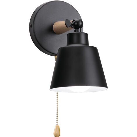 Wandleuchte mit Schalter, Moderne Wandlampe Innen mit Lampenschirm im Metall & Holz, Wandstrahler Art Licht Decor für Wohnzimmer Schlafzimmer (Schwarz)