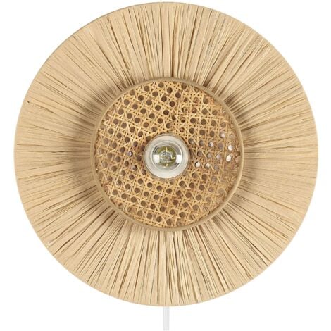 Wandleuchte Natürlich Papier und Rattan Rund Wiener-Geflecht Glühbirnen-Optik Kabel mit Schalter Modern Boho Japandi Skandi Beleuchtung Leuchte