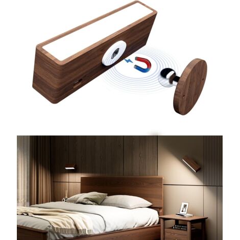 Wandleuchte ohne Stromanschluss,1 Stück Wandlampe Akku Innen,LED Wandleuchte Kabellos,Dimmbar Touch Control Bettlampe,360° Drehbare Batterie Leselampe Holz für Schlafzimmer Wohnzimmer [Energieklasse F
