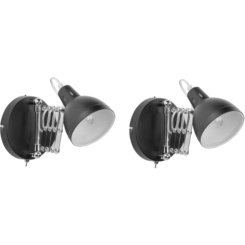Wandleuchte 2er Set Schwarz Metall mit Ziehharmonika Arm verstellbarer Schirm Glockenförmig Industrial