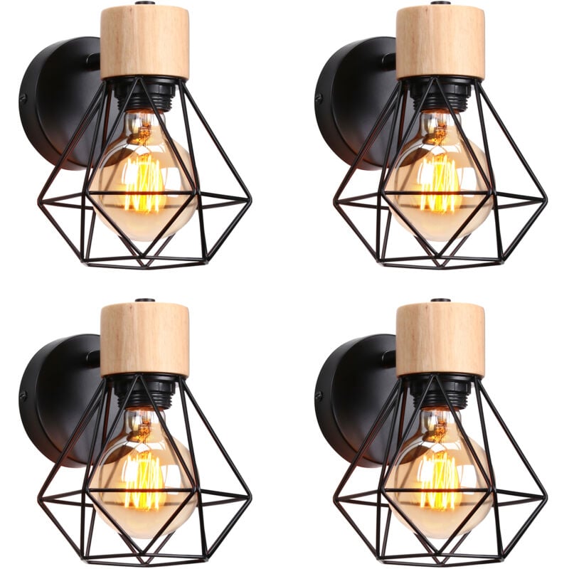 Wandleuchte, Vintage Wandstrahler mit Ø16cm Diamant-form Käfig in Holz & Metal, Beleuchtung Einstellbare für Wohnzimmer Schlafzimmer Korridor Schwarz