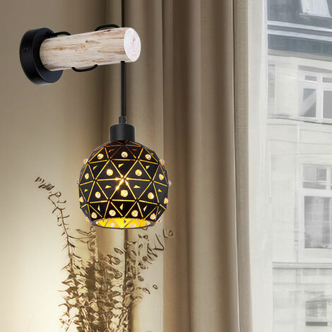 Wandleuchte Wandlampe Wohnraumleuchte Holz mit Kristallschirm in Kugelform, Schirm rund Balken, 1x E27, B x H x T 15x40x25 cm, Wohnzimmer
