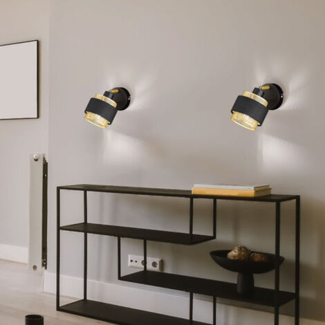 Wandleuchte Wohnzimmerlampe Flurleuchte Wandlampe mit beweglichem Spot, Metall Holz Textil, 1x E14 Fassung, LxBxH 10x13,5x17 cm, 2er Set