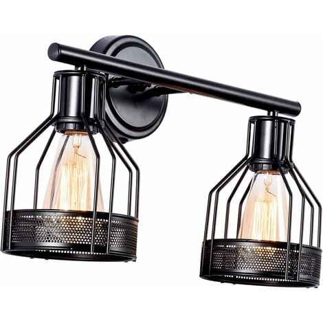 Wandleuchten Industriebeleuchtung, Badezimmer-Innenkäfigleuchte, Metallschirm mit schwarzem Finish, Vintage Retro-Lampen für zu Hause (Glühbirne nicht im Lieferumfang enthalten) (2 Leuchten)