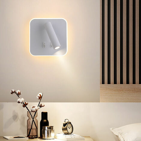 Wandleuchten LED Nachttischlampen Innen Hotel Wandleuchte Bett Wandleuchten Korridor Wandleuchte mit 3W + 10W Schalter (quadratisch) (quadratisch, weiß)