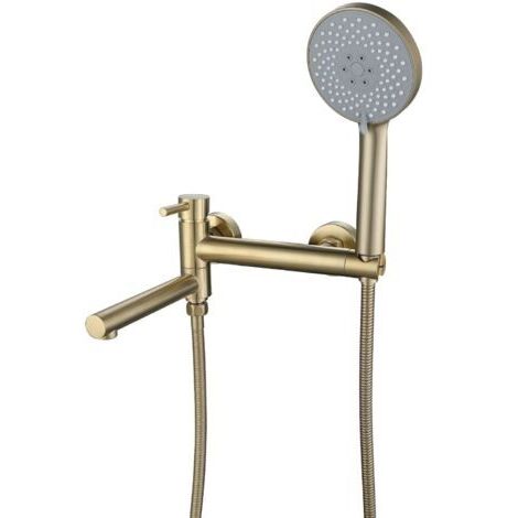 Wandmontierte Badarmatur mit Handbrause, Wand-Badewannen-Duschmischer, 90° schwenkbarer Auslauf, gebürstetes Gold