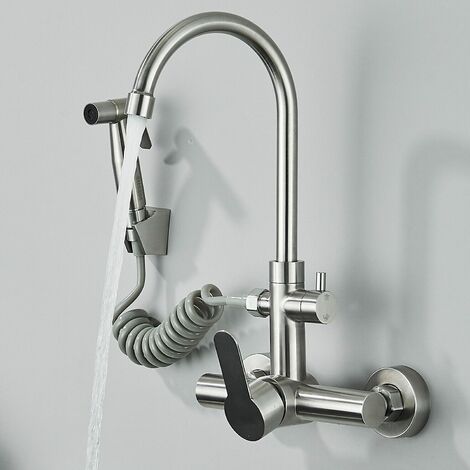 ONYZPILY Wandmontierte Küchenarmatur,Wandmontierte Armatur mit Handbrause,360° schwenkbare Warm- und Kaltwasser-Mischbatterie, gebürsteter Edelstahl