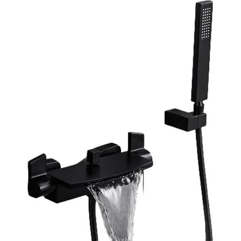 Wandmontierte Wasserfall-Armatur mit Warm- und Kaltwasser-Duschkopf (Schwarz)