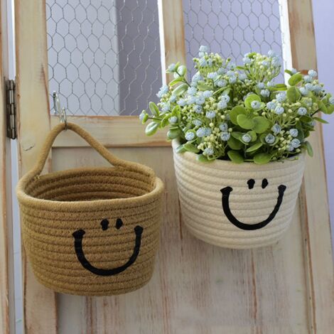 Wandmontierter Aufbewahrungskorb, waschbar und rollbar, aus weichem Baumwollseil mit Smiley-Motiv – Naturgelbbraun – 15 cm x 12 cm