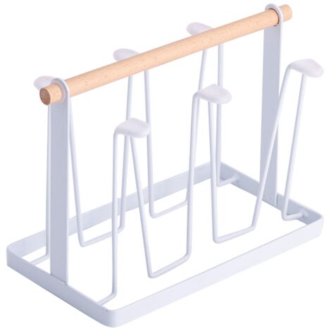Wandmontierter Becherhalter mit 6 Eisenhaken und Holzgriff, weiß-elektrogoldene Oberfläche, platzsparend (13 x 23,5 x 18,5 cm) für Büro oder Zuhause