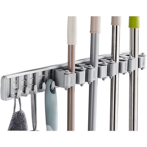 Wandmontierter Besen- und Mopphalter aus Aluminium mit Haken, kein Bohren oder Nägel erforderlich, Aufbewahrungsregal für Küche, Bad, Garten, Garage, Waschküche