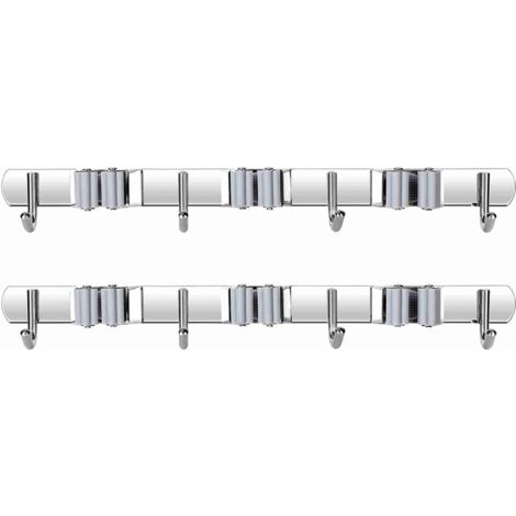 Wandmontierter Besen- und Mopphalter aus Edelstahl 304, 2er-Pack mit 3 Klemmen und 4 Haken, grau, 40 x 9 x 6 cm, für die Organisation in Küche und Bad