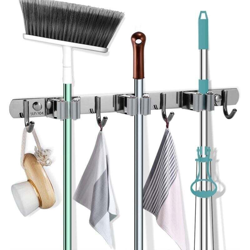 Image of Wandmontierter Besen- und Mopphalter mit 3 Ablagen und 4 Haken für Bad, Küche und Büro (grau)