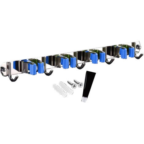 Wandmontierter Besen- und Mopphalter mit 4 Klemmen und 5 Edelstahlhaken, blau