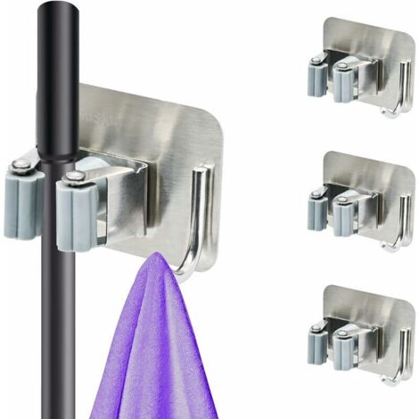 Wandmontierter Besenhalter, 4er-Set, Wandmontierte Besenhaken, kein Bohren erforderlich, selbstklebender Mopphalter mit Haken, platzsparend für Küche, Bad, Garten, Garage, Zuhause, Silber.